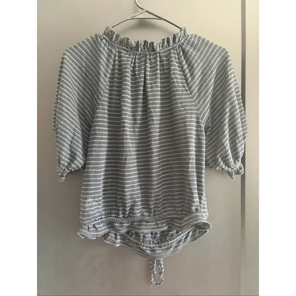 Free People Dorothy Puff Sleeve Striped Peasant Crop Blouse Ruffle Tie Size S